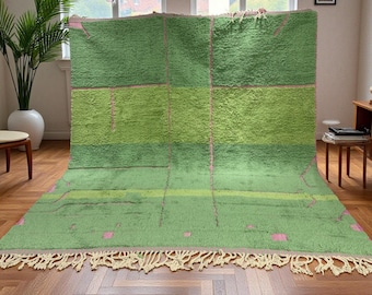 Green Moroccan Rug | Two-Tone Light & Olive Green with Pink Accents | Handmade Wool Berber Carpet | Custom Beni Ourain Style Area Rug