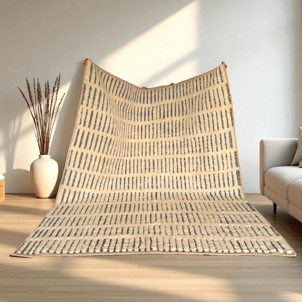 White & Indian Teal Wool Rug – Moroccan Handmade Berber Carpet – Modern Boho Striped Area Rug – Amazigh Tribal Decor, berber Rug, , Gifts