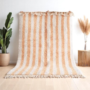 Moroccan Striped Wool Rug – Orange White Handmade Carpet – Boho Beni Ourain Rug – Minimalist Area Rug – Custom Size Soft Cozy Floor