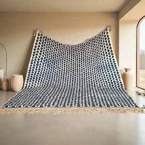 Handmade Moroccan Wool Rug with Deep Blue Geometric Pattern & Fringes – Modern Boho Style – Unique Artisan Home Decor Accent - Wool Rugs