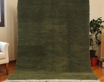 Green Moroccan Rug | Olive Green Wool Rug | Solid Rug | Minimalist Carpet | Hand Knotted Rug | Green Area Rug | Custom Rug | Living Room Rug