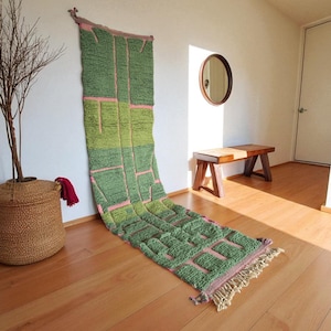 Green & Pink Moroccan Rug | Berber Wool Carpet | Handmade Geometric Runner | Boho Hallway Decor | Custom Size - High Pile - Free Shipping