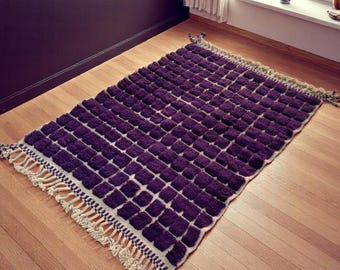 Purple Moroccan Rug – Handmade Wool Carpet with 3D Geometric Texture – Beni Ourain Style – Bold Statement Floor Decor