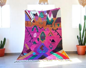 Colorful Moroccan Kilim Rug – Handmade Berber Wool Carpet with Tribal Symbols – Pink Boho Area Rug – Vibrant Custom Tapestry - Wool Rug