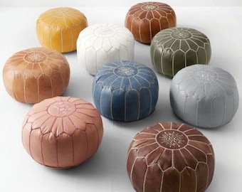ottoman, leather, Moroccan Leather Pouf with White Stitching - Ottoman Pouf, Moroccan Pouffe, Handcrafted Leather Pouf, Home & Wedding Gifts