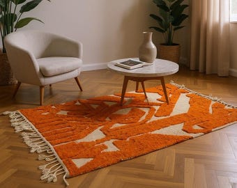 Alfombra marroquí de lana naranja / Alfombra bereber abstracta hecha a mano / Alfombra moderna en tonos marfil y naranja quemado - Alfombra marroquí abstracta naranja