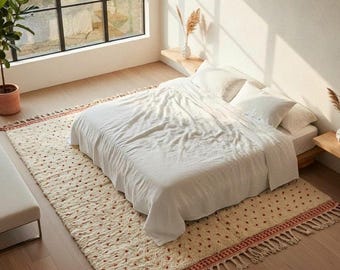 Moroccan Beni Ourain Rug Ivory Terracotta Dot Bedroom Rug | Handmade Wool Berber Carpet | Neutral Boho Under Bed Area Rug | Custom Size
