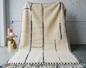 Moroccan Beni Ourain Rug Ivory Twilight Blue Line Pattern | Handmade Wool Berber Carpet | Neutral Blue Boho Living Room Area Rug | Custom