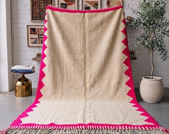 Pink Moroccan Rug, Handmade Ivory Wool Rug, Geometric Berber Area Rug, Minimalist Modern Living Room Carpet, Custom Size Rug
