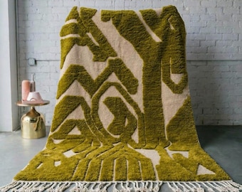 Moroccan Boujaad Rug Olive Green Ivory Abstract Graffiti Art | Handmade Wool Berber Carpet | Bold Boho Living Room Area Rug | Custom Size