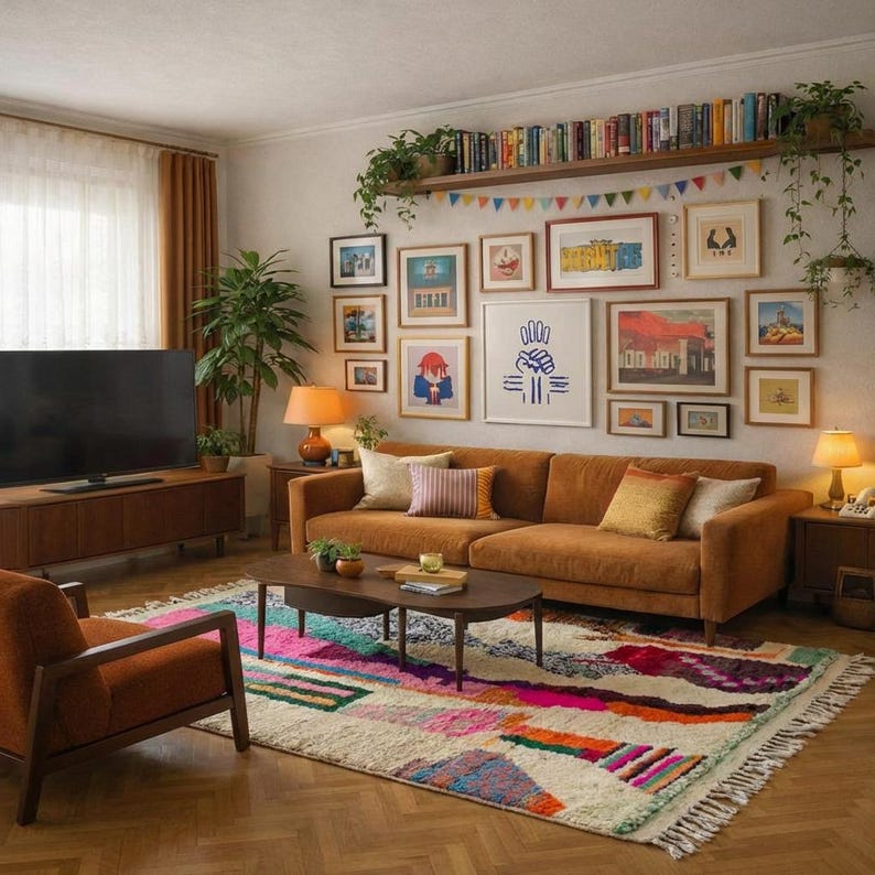 A vibrant, high-pile handmade Moroccan wool rug displayed in a bright industrial studio against a white brick wall. The rug features an eclectic, abstract tribal design with bold splashes of neon pink, teal green, orange, royal blue, and charcoal grey on a natural cream base. The patterns include geometric shapes, abstract figures, and spontaneous color blocking. The rug showcases a thick, plush shaggy texture and authentic hand-knotted cream tassels at the bottom.