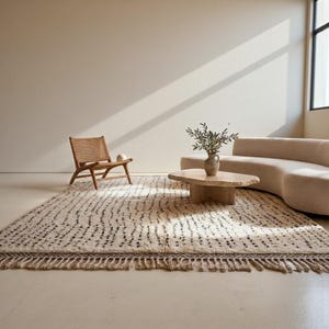 Puede incluir: Alfombra crema con diseño de puntos negros y bordes con flecos. La habitación incluye una silla de madera, una mesa de centro y un sofá curvo. El esquema de color neutro crea un ambiente tranquilo.