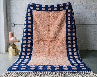 Moroccan Rug Blush Pink Navy Blue Square Border | Handmade Wool Berber Carpet | Bold Color Block Area Rug | Custom Size Available