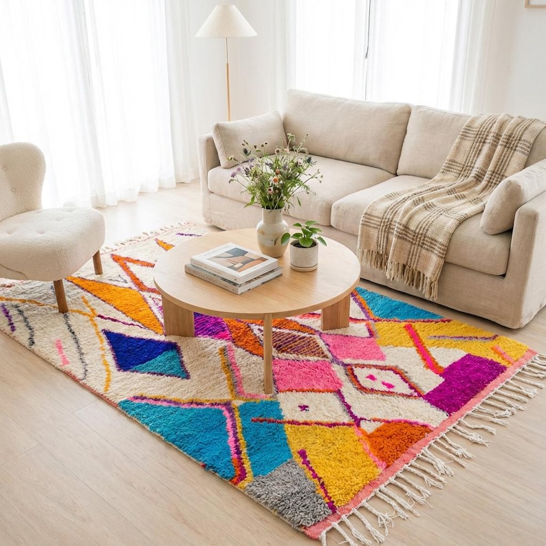 Authentic handmade Moroccan Boujaad rug featuring bold geometric diamond patterns in vibrant multicolor — electric blue, fuchsia pink, orange, yellow and purple on ivory wool background. Hand-knotted by Berber artisans in Morocco using natural wool. Perfect boho statement rug for living room, bedroom or dining room. One-of-a-kind colorful area rug with traditional fringe.