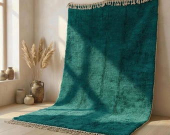 Deep Teal Green Moroccan Rug, Handmade Solid Wool Rug, High Pile Berber Area Rug, Beni Ourain Carpet, Custom Size Living Room Area Rug