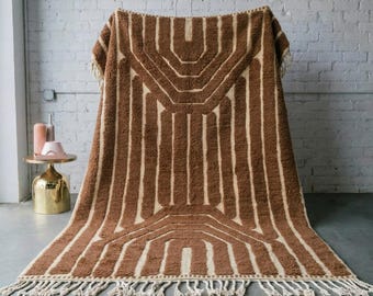 Handgefertigter Marokkanischer Wollteppich Mönchsgewand Braun | Bogen Geometrischer Berber Wollteppich | Boho Wohnzimmer Teppich | Benutzerdefinierte Größe