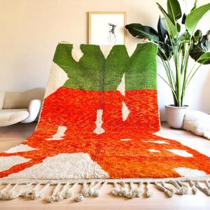 Colorful Abstract Moroccan Rug | Orange & Green Wool Beni Mrirt Carpet | Artistic Berber Handmade Shaggy Rug | Modern Bold Decor