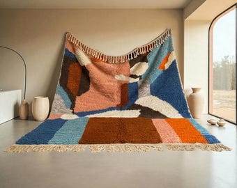 Handgemachter marokkanischer Teppich Abstrakte Kunst | Terrakotta Blauer Wollteppich | Bunter Berber Teppich | Benutzerdefinierte Größe