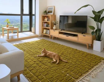 Moroccan Rug Olive Green Raised Check Squares | Handmade Wool Berber Carpet | Japandi Living Room Area Rug | Custom Size Available