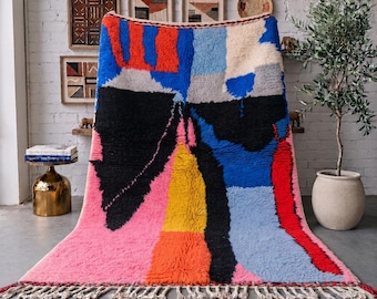 Colorful Abstract Moroccan Rug, Handmade Wool Berber Area Rug, Blue Pink Color Block Carpet, High Pile Custom Size Living Room Rug