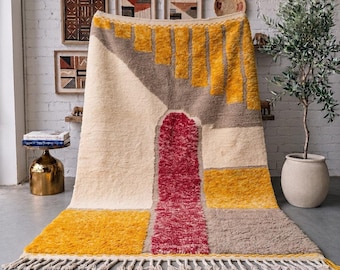 Ivory Mustard Moroccan Rug, Handmade Abstract Wool Rug, Red Gray Berber Area Rug, High Pile Beni Mrirt Carpet, Custom Size Rug