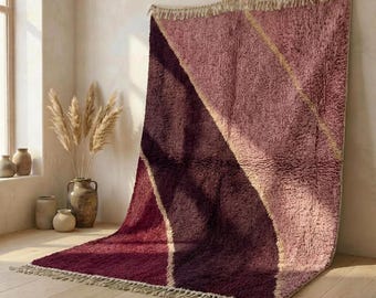 Dusty Rose Burgundy Moroccan Wool Rug, Abstract Berber Carpet, Handmade High Pile Area Rug, Organic Modern Living Room Decor, Custom Size