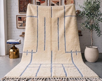 Ivory Blue-Gray Moroccan Rug, Handmade Geometric Wool Rug, Minimalist Berber Area Rug, High Pile Carpet, Custom Size Living Room Rug