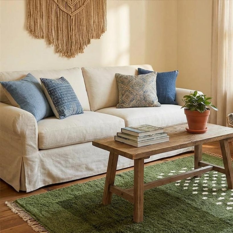 A plush handwoven Moroccan Berber rug in a rich moss green. The thick wool carpet features a solid dark green band near the top and a lighter mossy green base beautifully adorned with small, cream-colored geometric diamond motifs at the bottom. It is draped elegantly against a white painted brick wall next to a gold accent table with trailing ivy, perfectly capturing a warm, earthy, and organic modern interior design aesthetic.
