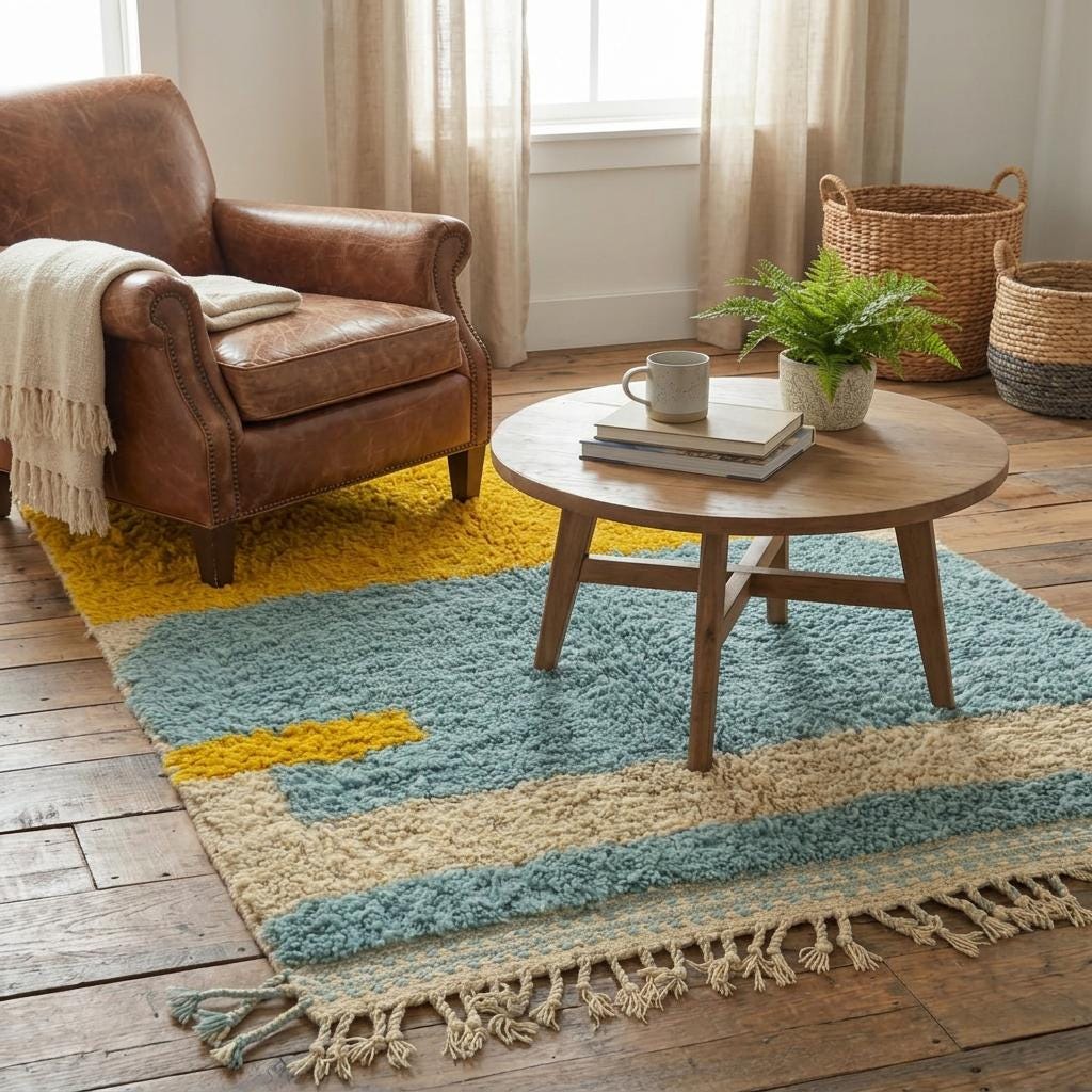 Yellow Blue Abstract Moroccan Rug, Handmade Wool Beni Mrirt Rug