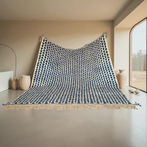 Handmade Moroccan Wool Rug with Deep Blue Geometric Pattern & Fringes – Modern Boho Style – Unique Artisan Home Decor Accent - Wool Rugs