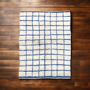 morrocan rug, area rug, Minimalist Moroccan Wool Rug – Handwoven White and Blue Grid Pattern, rugs, housewarming gift, area rug, wool rug
