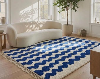 Royal Blue Beni Mrirt Rug, Moroccan Wool Area Rug,  Sodalite Blue Wavy Striped Berber Carpet, Handmade Luxury Modern Home Decor