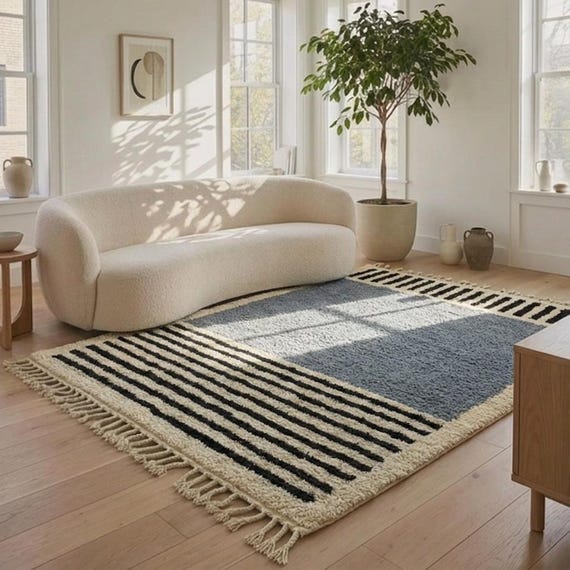 Dusty Blue Beni Mrirt Rug, Indian Teal & Black and Ivory Striped