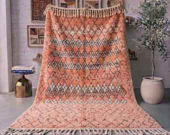 Korallrosa marockansk ullmatta, Black Diamond Berber-matta, handgjord hög luggmatta, modern boho vardagsrumsinredning, matta i anpassad storlek