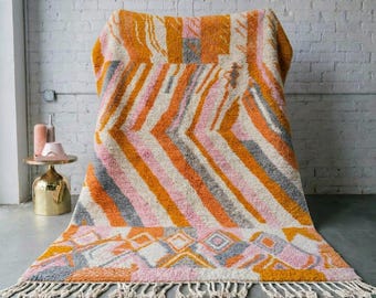Moroccan Rug Orange Pink Gray Chevron Abstract Art | Handmade Wool Berber Carpet | Bold Retro Living Room Area Rug | Custom Size
