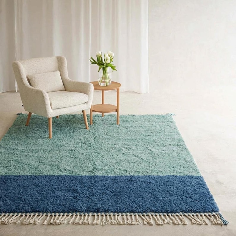 Draped Rugs Pistachio & Blue Moroccan Rug - Two Tone Minimalist Wool Carpet ...
