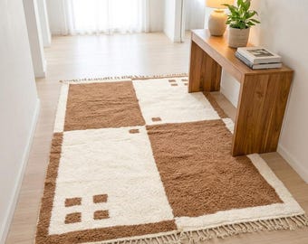 Brown Checkerboard Moroccan Rug, Handmade Berber Wool Rug, Modern Geometric Area Rug, Mocha Brown Wool Carpet, Luxury Minimalist Rug