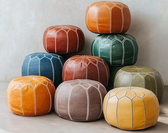 Cover POUF **75% OFF** with White Stitching Leather Pouf Ottoman Pouf Morrocan Leather Pouf Moroccan Pouffe, Home gifts, Wedding Gifts