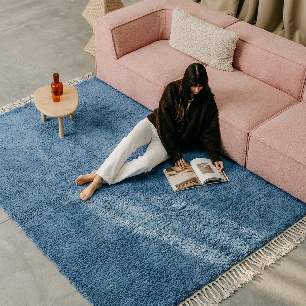 Dusty Blue Beni Mrirt Rug, Moroccan Wool Area Rug, Minimalist