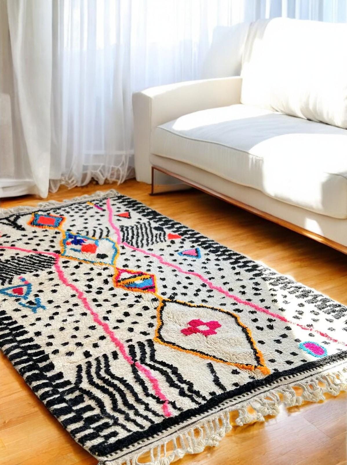 Moroccan rug, custom rug, Bold Abstract Beni Ourain Moroccan Rug with Geometric and Polka Dot Patterns, Handwoven Wool Carpet, boho rug
