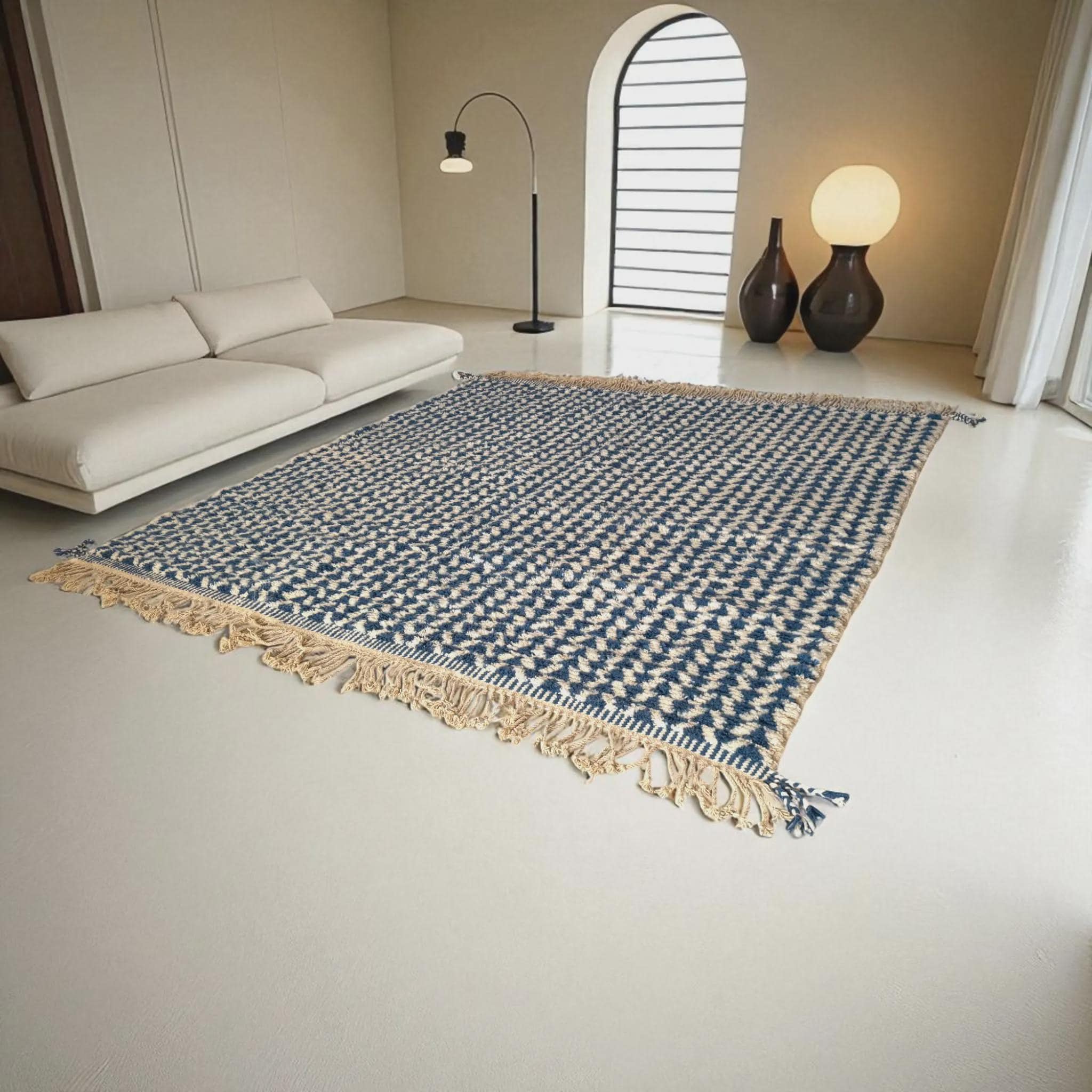 Handmade Moroccan Wool Rug With Deep Blue Geometric Pattern & Fringes ...