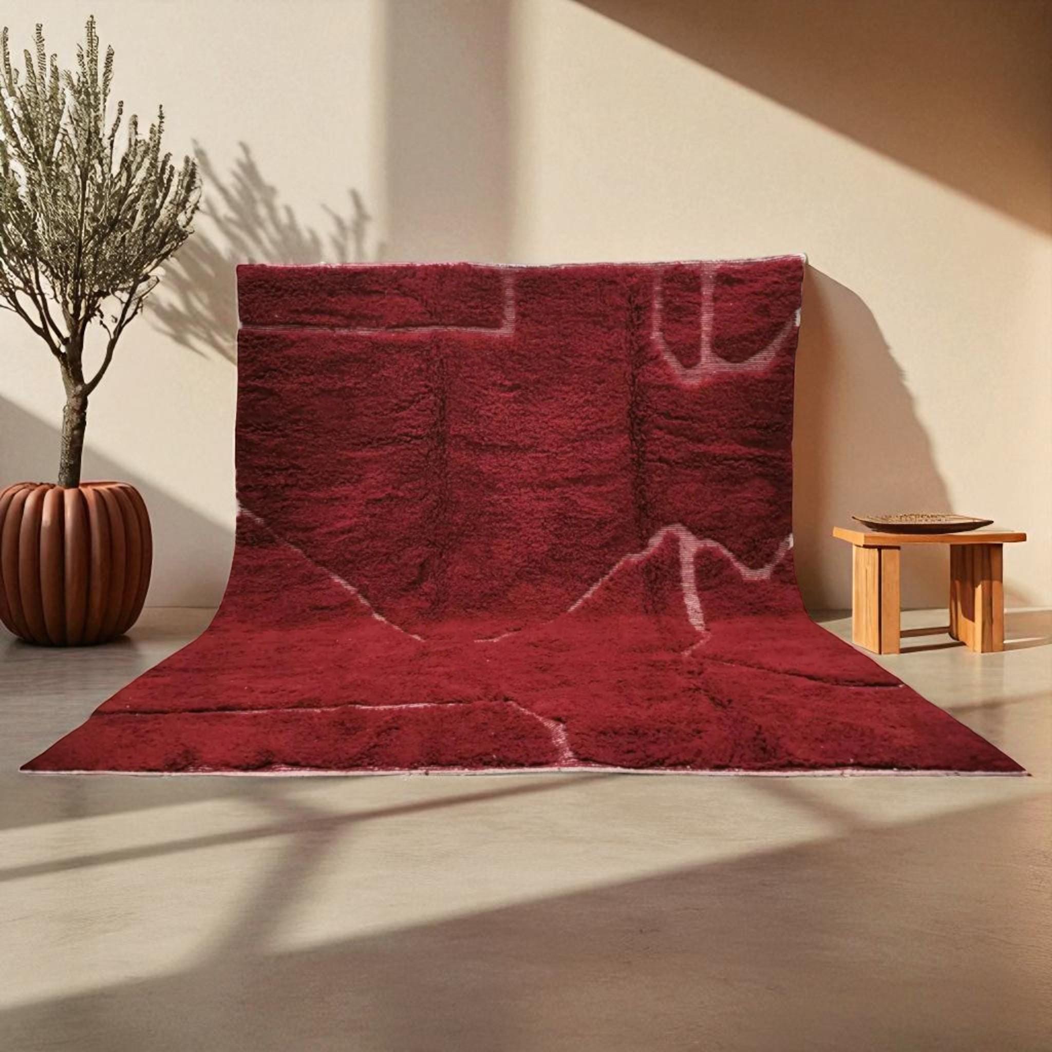 Handmade Moroccan Berber Rug – Red Wool Area Carpet, Minimalist Modern Bohemian Design for Living Room, Bedroom or Contemporary Home Décor