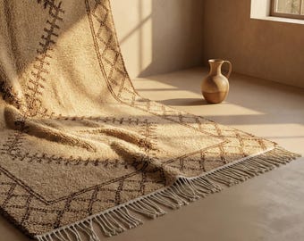 Moroccan Beni Ourain Rug Sand Beige Brown Diamond Symbols | Handmade Wool Berber Carpet | Neutral Shaggy Area Rug | Custom Size Available