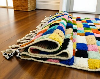 Colorful Moroccan Rug, Handmade Wool Berber Carpet, Checker Pattern Wool Rug, Multicolor Moroccan Boho Area Rug - Wool Rugs