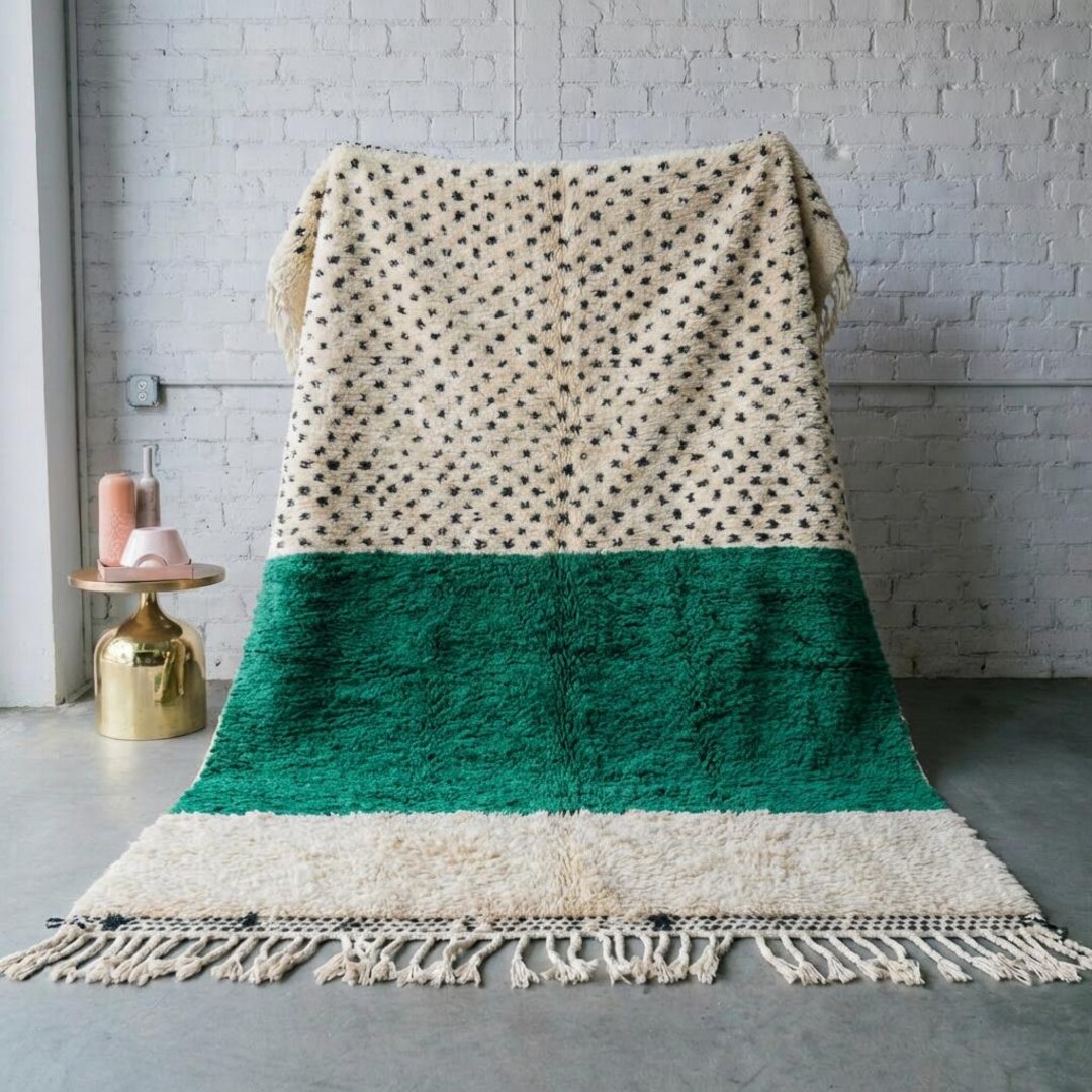 Emerald Green Color Block Rug - Polka Dot Berber Carpet - Handmade ...