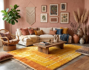 May include: A living room featuring a cream-coloured sectional sofa, a wooden coffee table, and a large yellow and orange gradient area rug with fringe. The space includes a rattan swivel chair, a macrame wall hanging, and several framed botanical prints.