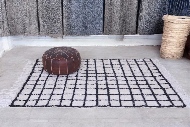 70 OFF Modern Moroccan Beni Ourain Rug, Handwoven Black and White