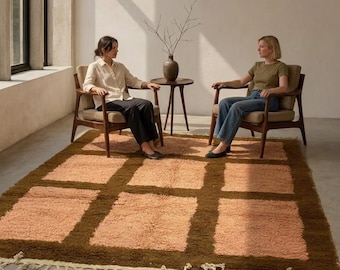 Moroccan Boujaad Rug Olive Brown Blush Pink Large Grid | Handmade Wool Berber Carpet | Boho Mid-Century Living Room Area Rug | Custom Size