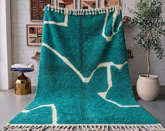 Teal Turquoise Moroccan Rug, Handmade Ivory Abstract Wool Rug, Modern Berber Area Rug, High Pile Carpet, Custom Size Living Room Rug