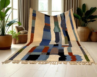 Colorful Moroccan Rug – Abstract Wool Beni Ourain Carpet – Handmade Berber Floor Art – Modern Boho Area Rug – Unique Statement Decor